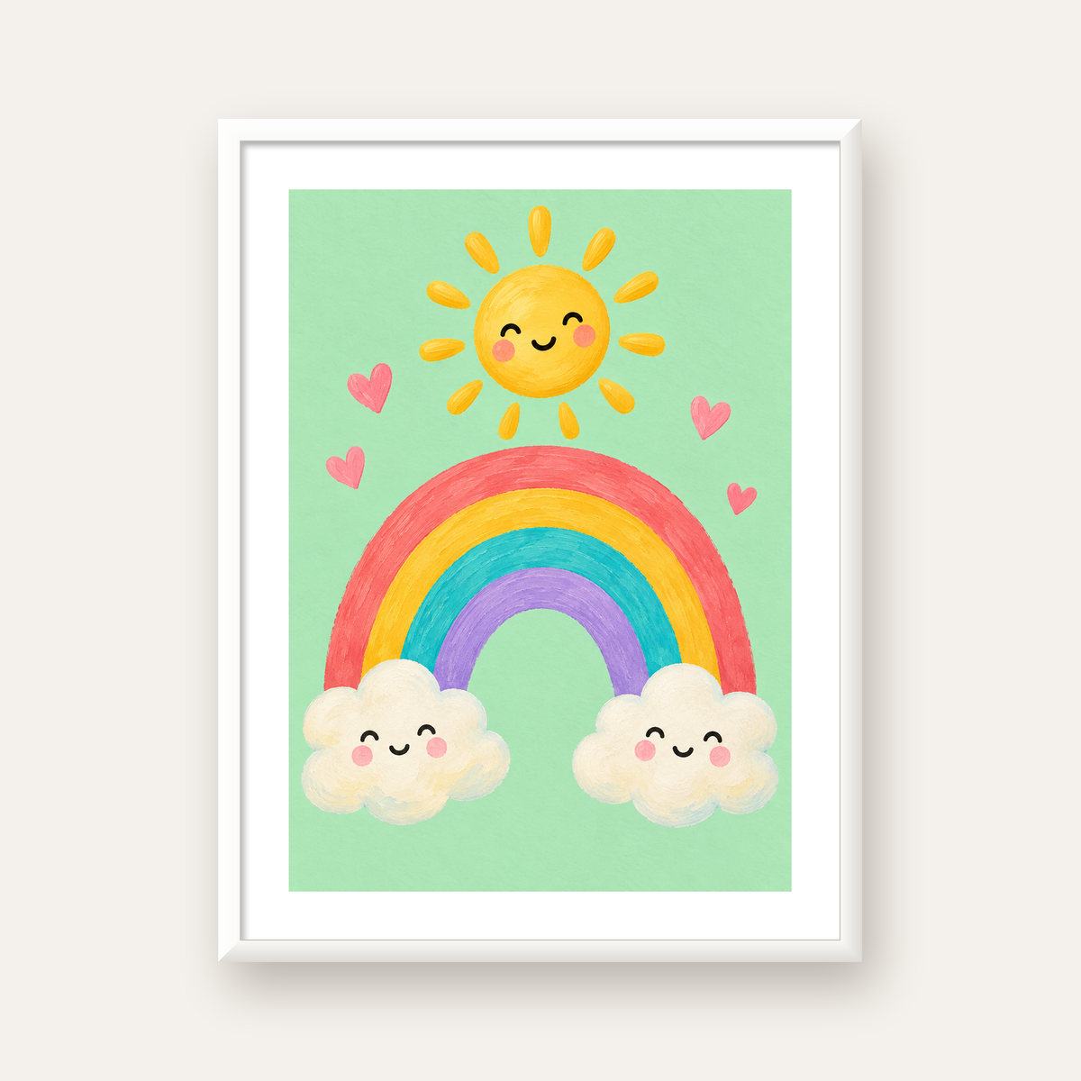 Sevimli Gökkuşağı ve Güneş Poster – Pastel Çocuk Odası Tablosu — beyaz çerçeveli dikey poster