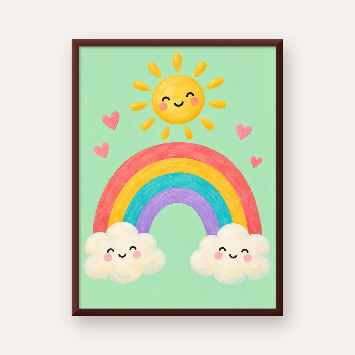 Sevimli Gökkuşağı ve Güneş Poster – Pastel Çocuk Odası Tablosu — ceviz çerçeveli