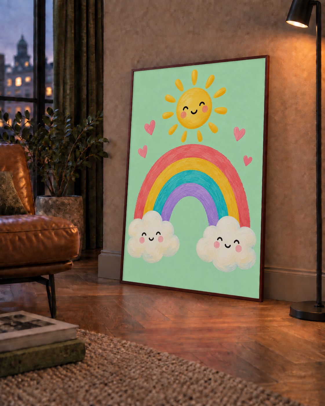 Sevimli Gökkuşağı ve Güneş Poster – Pastel Çocuk Odası Tablosu — çerçeveli hâliyle bir ev duvarında