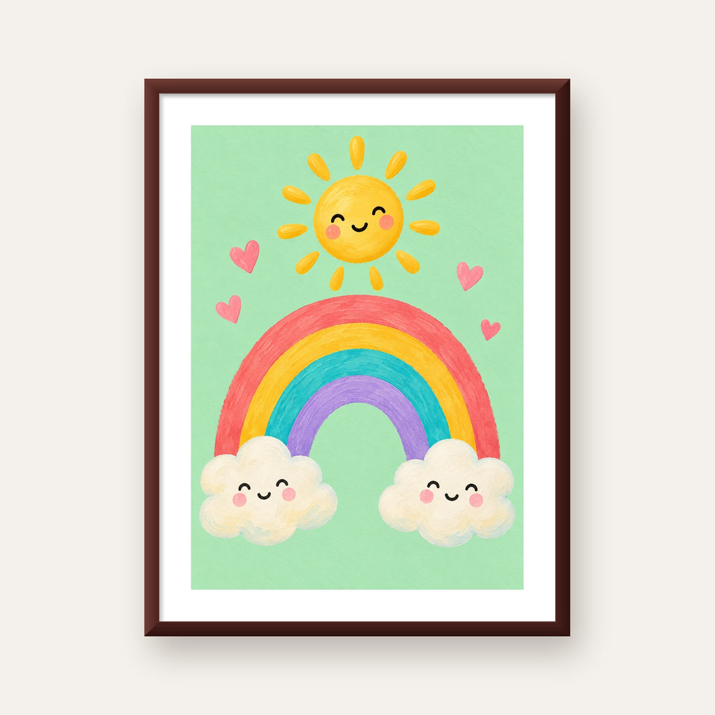 Sevimli Gökkuşağı ve Güneş Poster – Pastel Çocuk Odası Tablosu — ceviz çerçeveli paspartulu