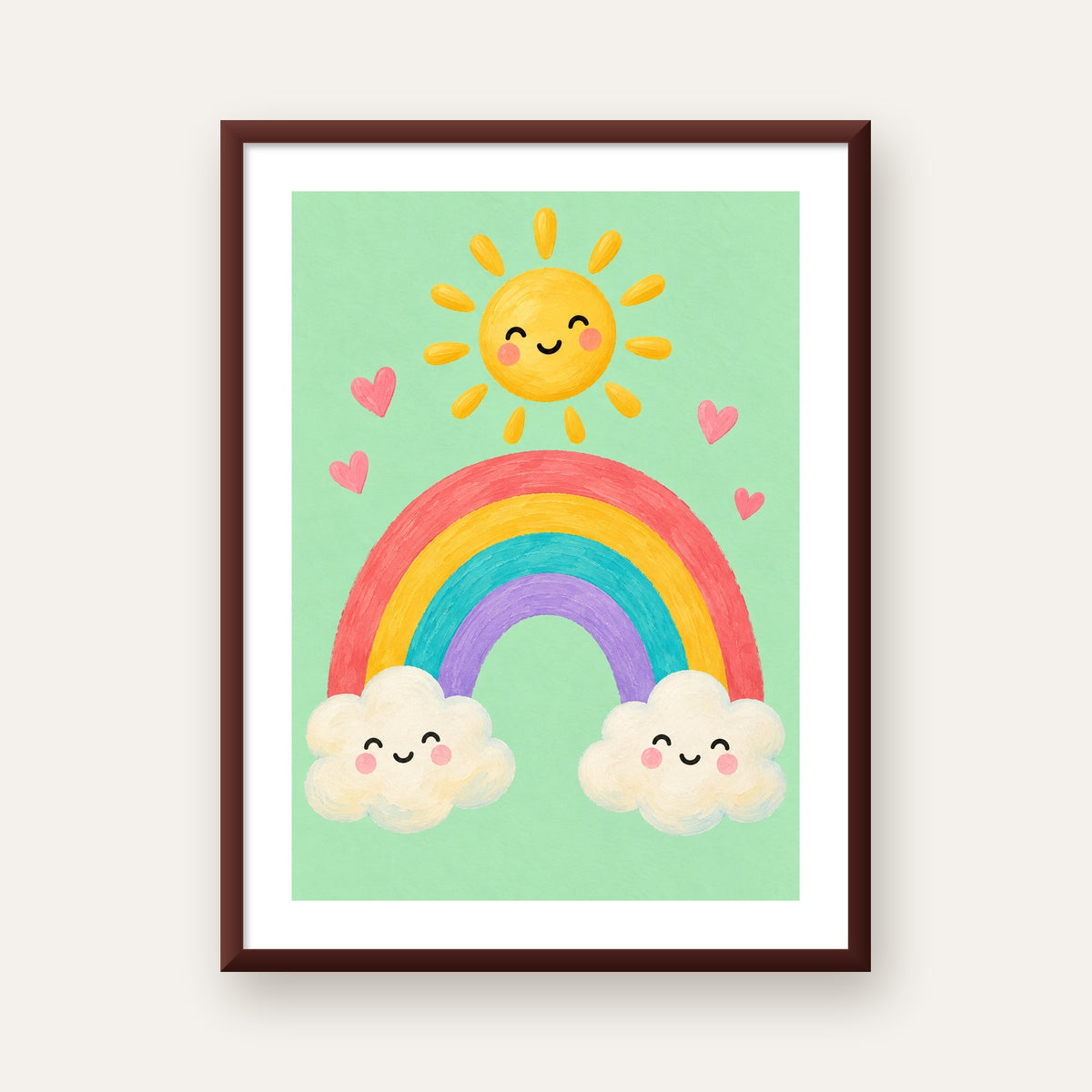 Sevimli Gökkuşağı ve Güneş Poster – Pastel Çocuk Odası Tablosu — ceviz çerçeveli paspartulu
