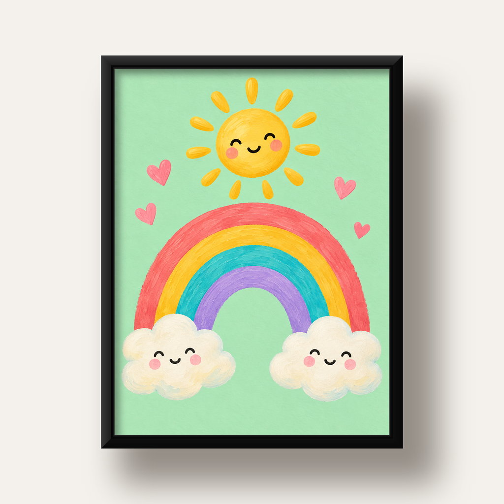 Sevimli Gökkuşağı ve Güneş Poster – Pastel Çocuk Odası Tablosu — siyah derin çerçeveli