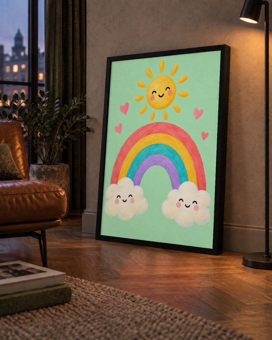 Sevimli Gökkuşağı ve Güneş Poster – Pastel Çocuk Odası Tablosu — çerçeveli hâliyle bir ev duvarında
