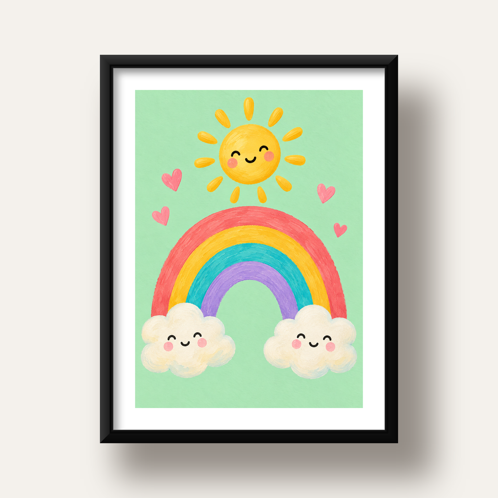 Sevimli Gökkuşağı ve Güneş Poster – Pastel Çocuk Odası Tablosu — siyah derin çerçeveli paspartulu