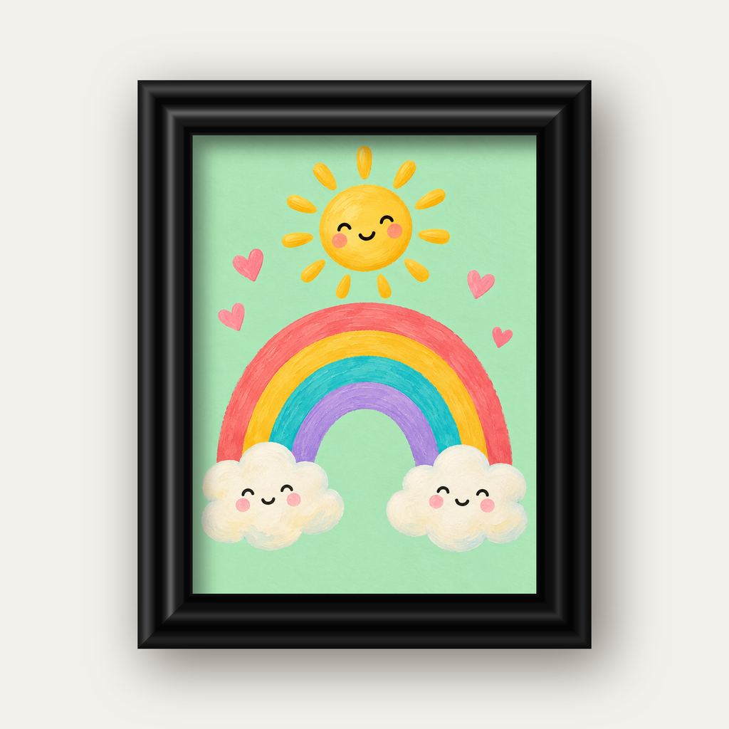Sevimli Gökkuşağı ve Güneş Poster – Pastel Çocuk Odası Tablosu — siyah galeri çerçeveli