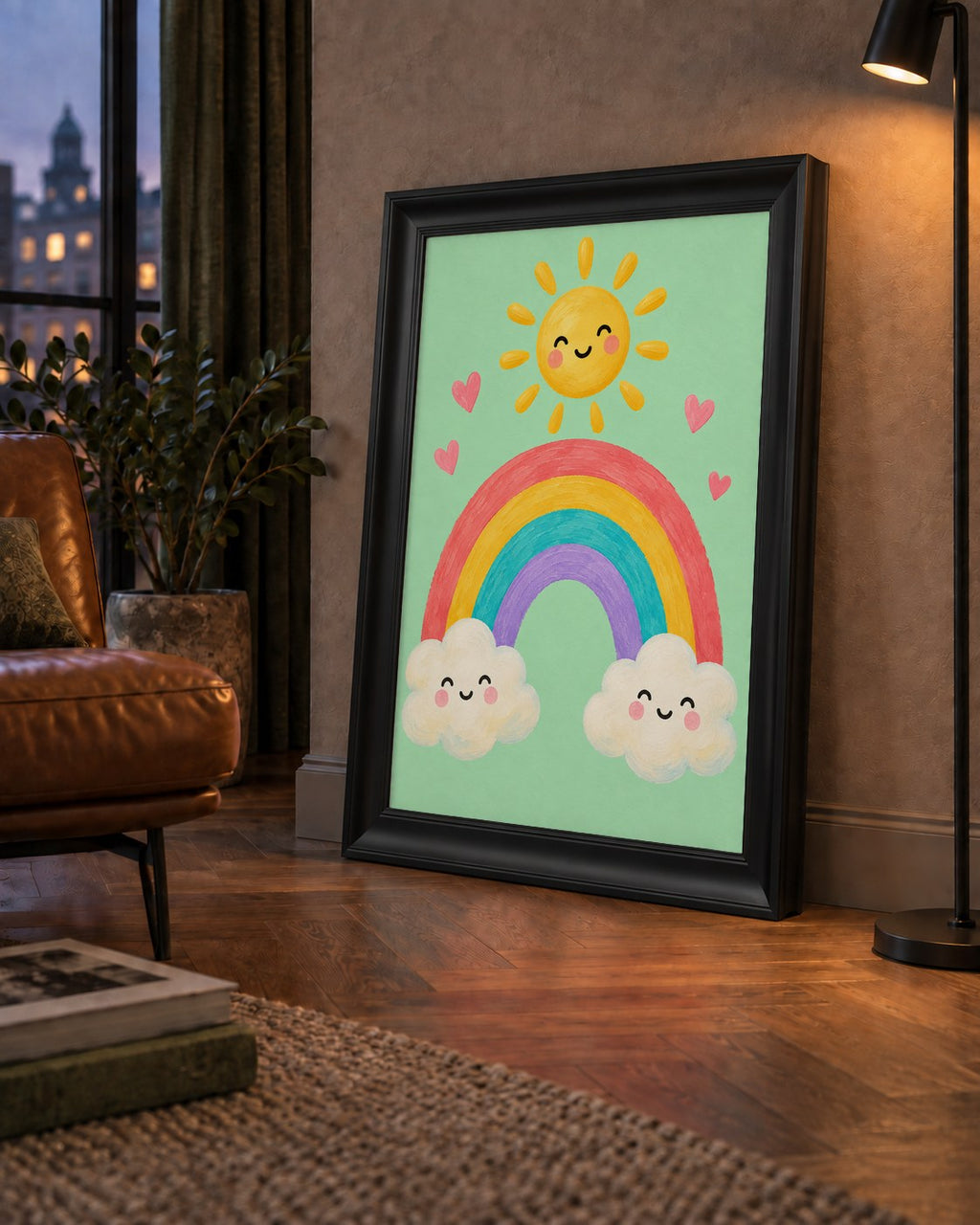 Sevimli Gökkuşağı ve Güneş Poster – Pastel Çocuk Odası Tablosu — çerçeveli hâliyle bir ev duvarında