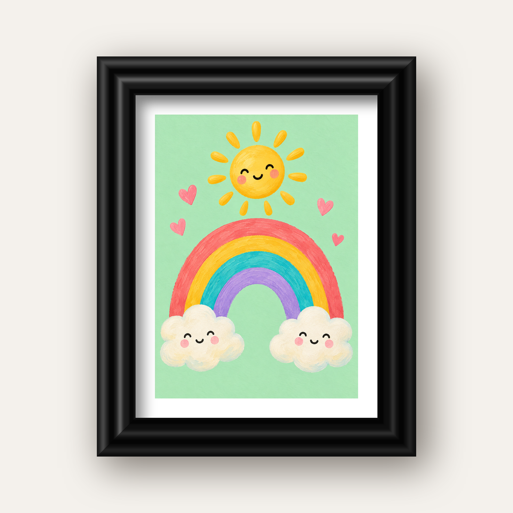 Sevimli Gökkuşağı ve Güneş Poster – Pastel Çocuk Odası Tablosu — siyah galeri çerçeveli paspartulu