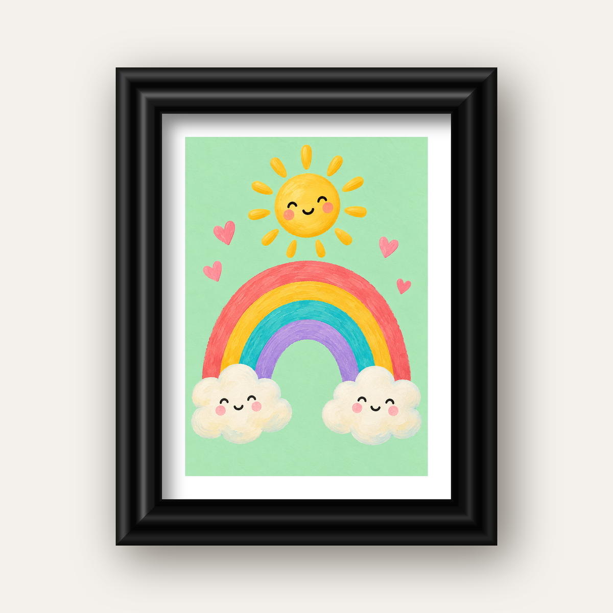 Sevimli Gökkuşağı ve Güneş Poster – Pastel Çocuk Odası Tablosu — siyah galeri çerçeveli paspartulu