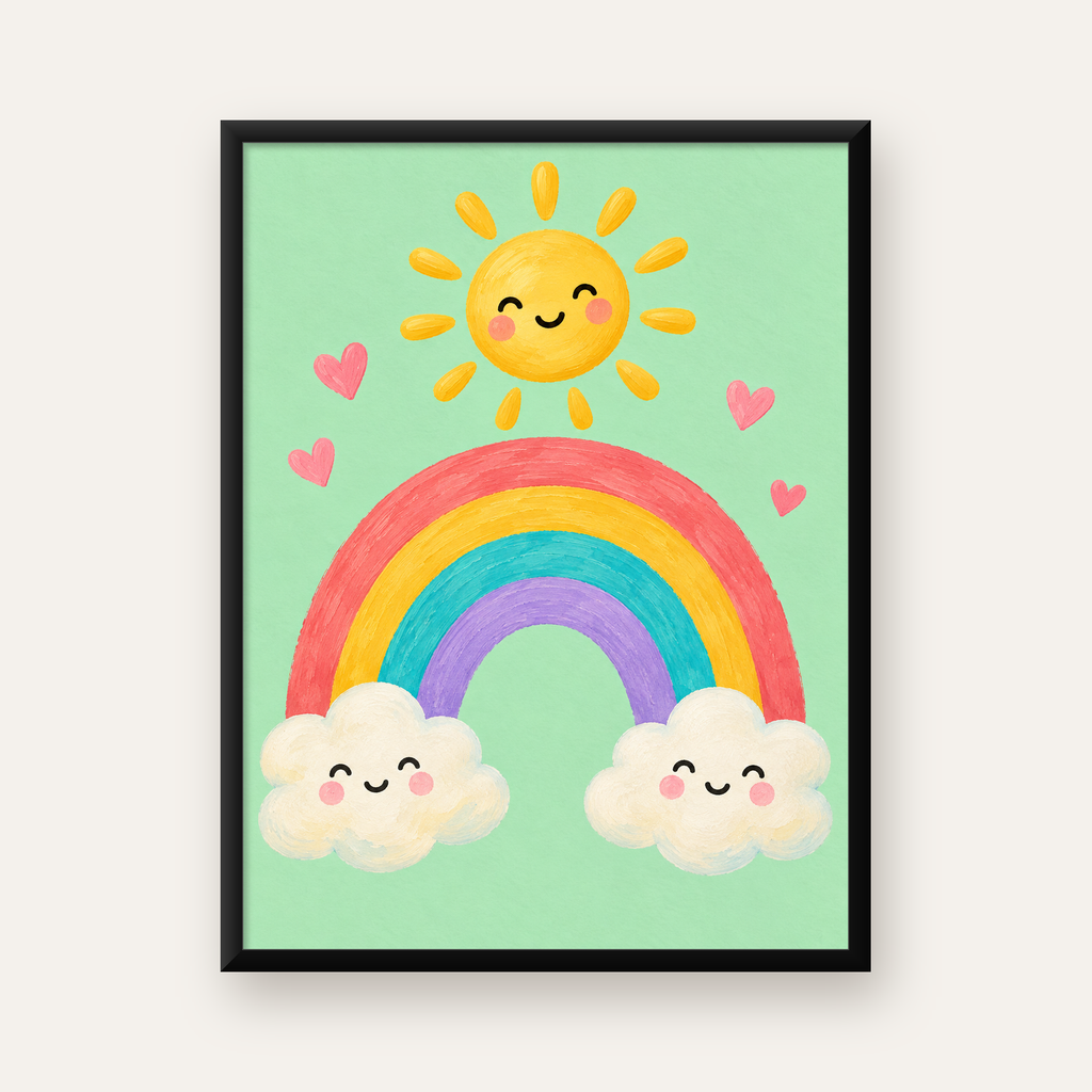 Sevimli Gökkuşağı ve Güneş Poster – Pastel Çocuk Odası Tablosu — Dikey baskı, düz siyah çerçeveli duvar posteri