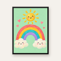 Sevimli Gökkuşağı ve Güneş Poster – Pastel Çocuk Odası Tablosu — Dikey baskı, düz siyah çerçeveli duvar posteri