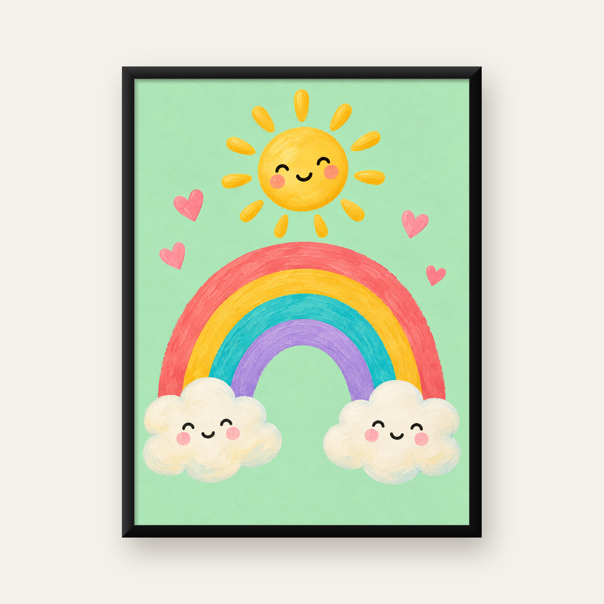 Sevimli Gökkuşağı ve Güneş Poster – Pastel Çocuk Odası Tablosu — Dikey baskı, düz siyah çerçeveli duvar posteri