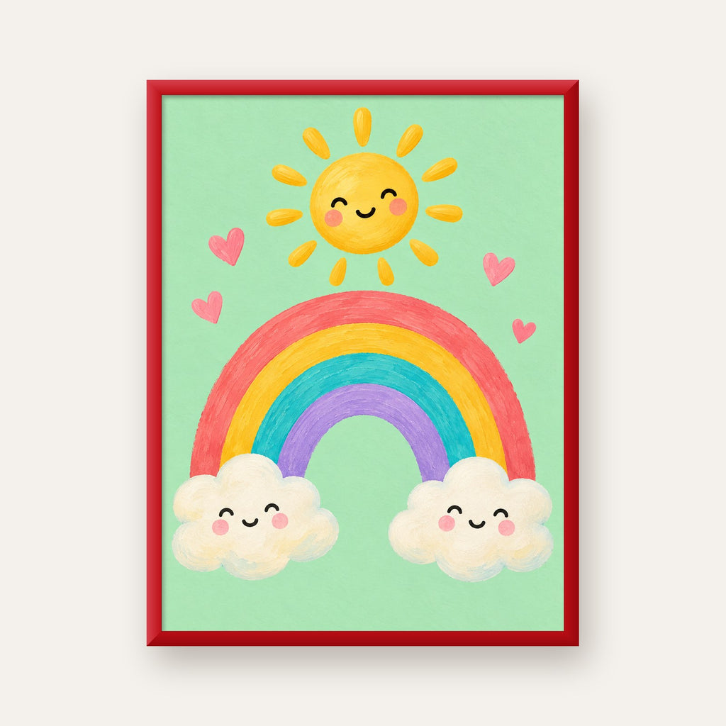 Sevimli Gökkuşağı ve Güneş Poster – Pastel Çocuk Odası Tablosu — kırmızı çerçeveli
