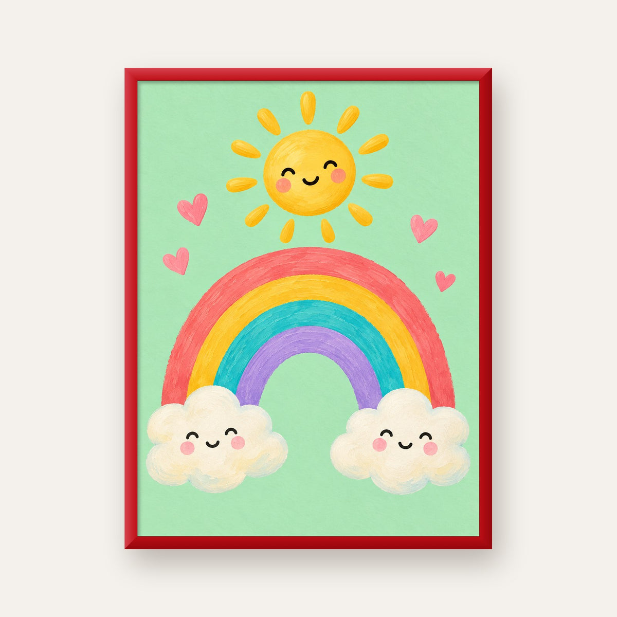 Sevimli Gökkuşağı ve Güneş Poster – Pastel Çocuk Odası Tablosu — kırmızı çerçeveli