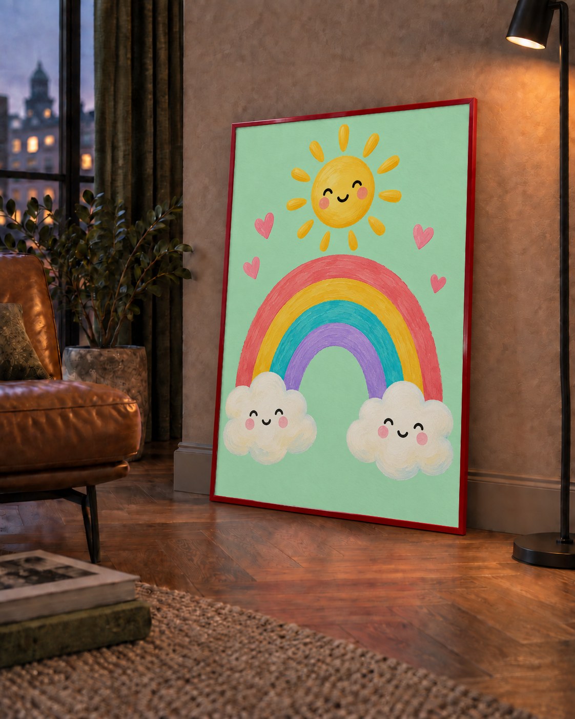 Sevimli Gökkuşağı ve Güneş Poster – Pastel Çocuk Odası Tablosu — çerçeveli hâliyle bir ev duvarında