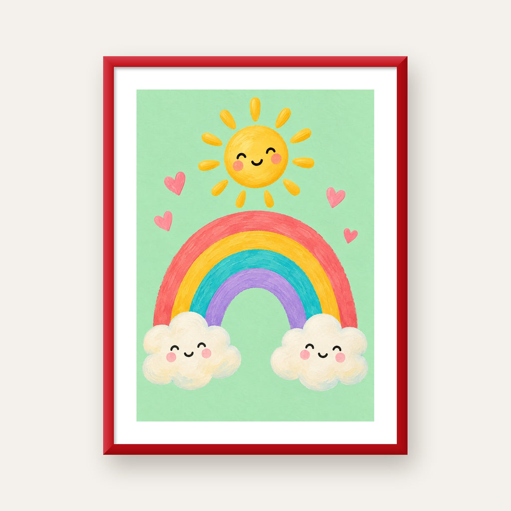Sevimli Gökkuşağı ve Güneş Poster – Pastel Çocuk Odası Tablosu — kırmızı çerçeveli paspartulu