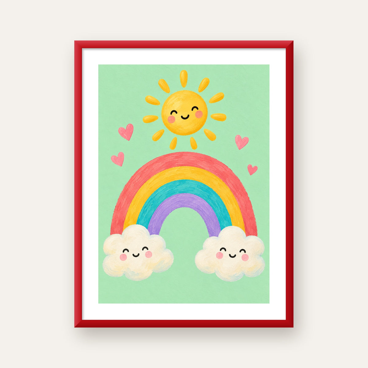 Sevimli Gökkuşağı ve Güneş Poster – Pastel Çocuk Odası Tablosu — kırmızı çerçeveli paspartulu