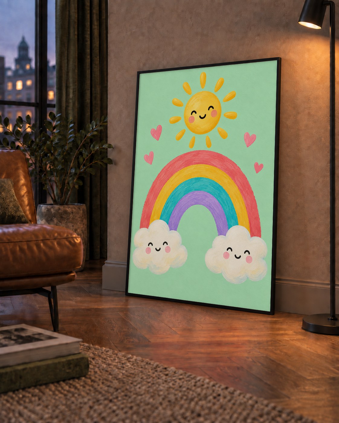 Sevimli Gökkuşağı ve Güneş Poster – Pastel Çocuk Odası Tablosu — çerçeveli hâliyle bir ev duvarında