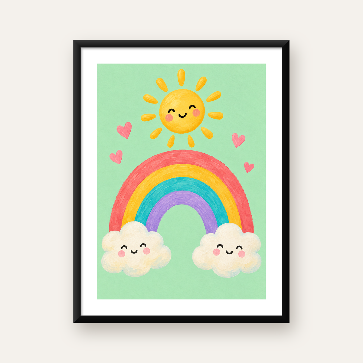 Sevimli Gökkuşağı ve Güneş Poster – Pastel Çocuk Odası Tablosu — Dikey baskı, beyaz paspartulu