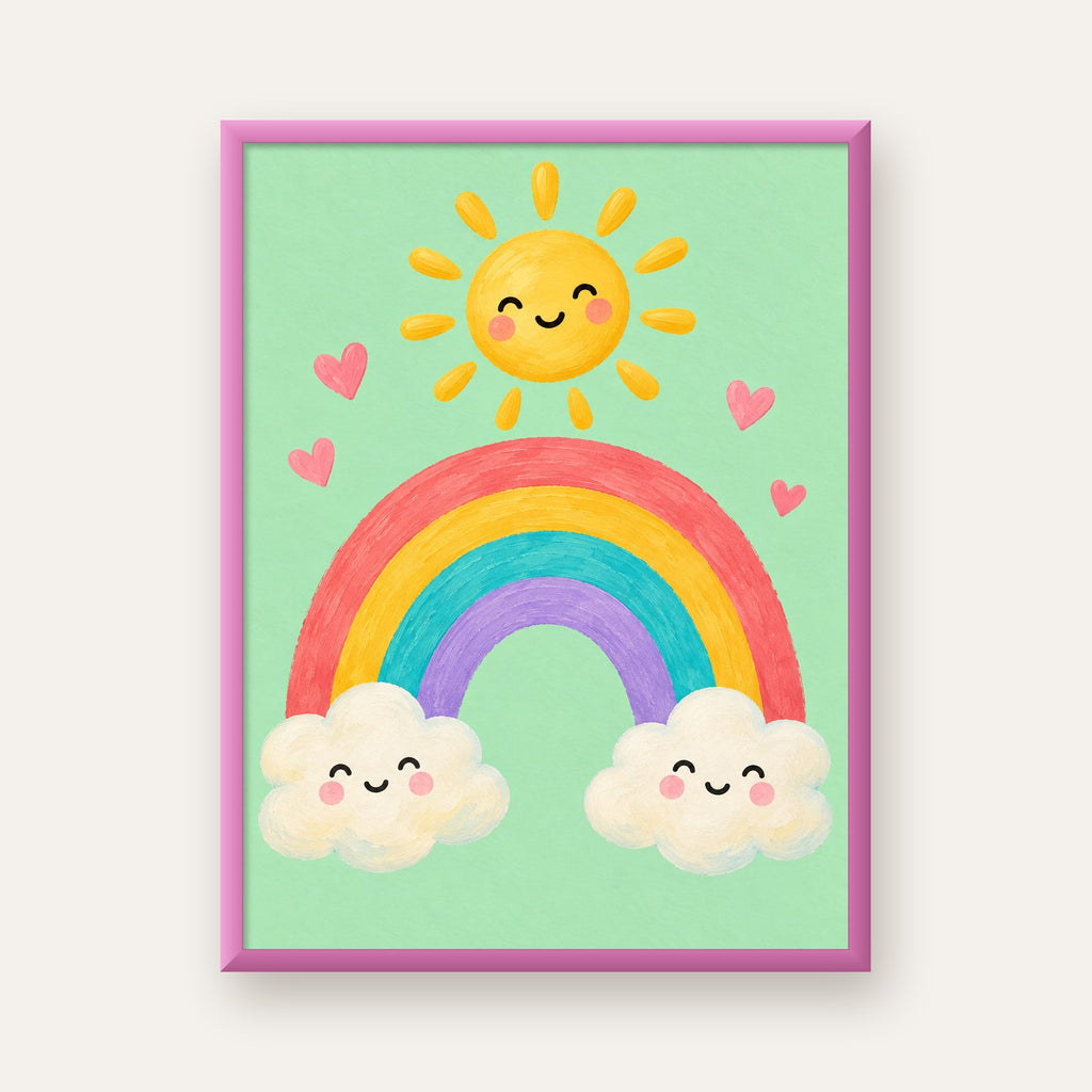 Sevimli Gökkuşağı ve Güneş Poster – Pastel Çocuk Odası Tablosu — pembe çerçeveli