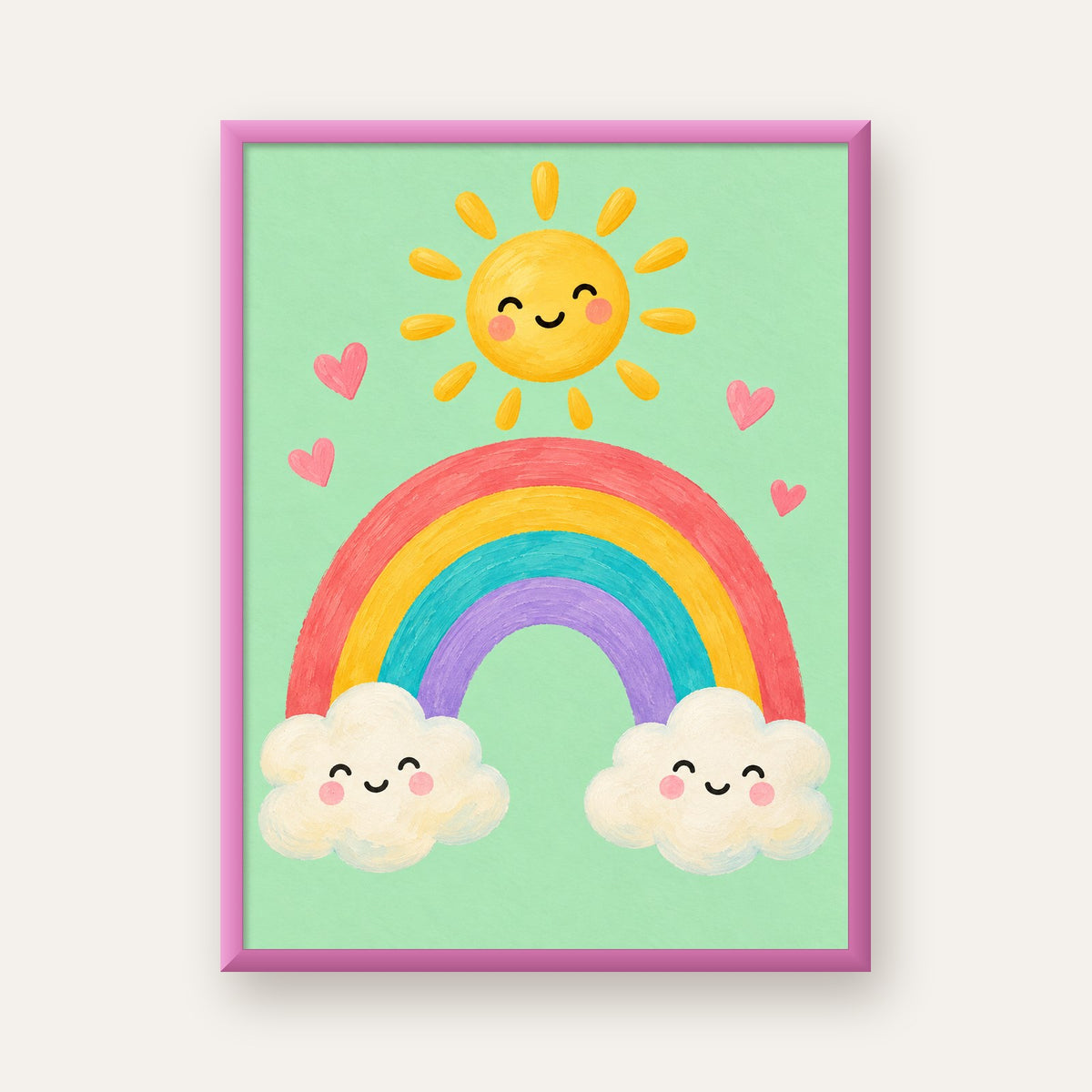 Sevimli Gökkuşağı ve Güneş Poster – Pastel Çocuk Odası Tablosu — pembe çerçeveli