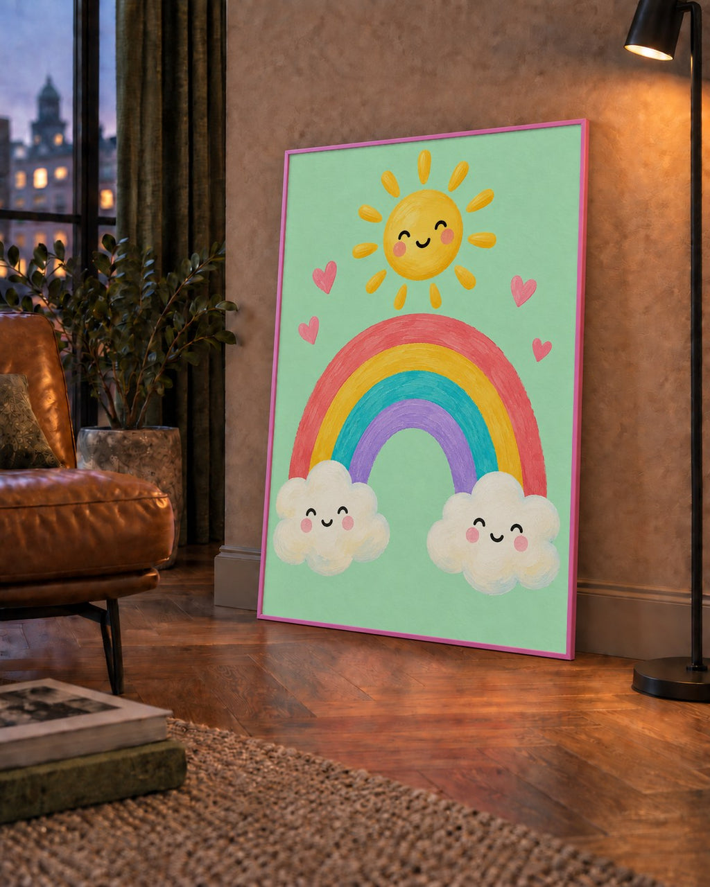 Sevimli Gökkuşağı ve Güneş Poster – Pastel Çocuk Odası Tablosu — çerçeveli hâliyle bir ev duvarında