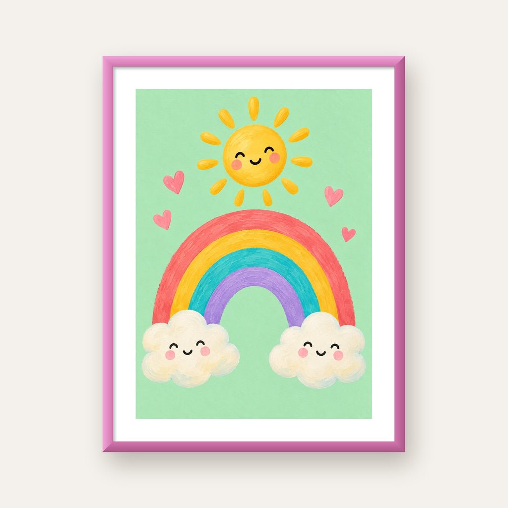 Sevimli Gökkuşağı ve Güneş Poster – Pastel Çocuk Odası Tablosu — pembe çerçeveli paspartulu