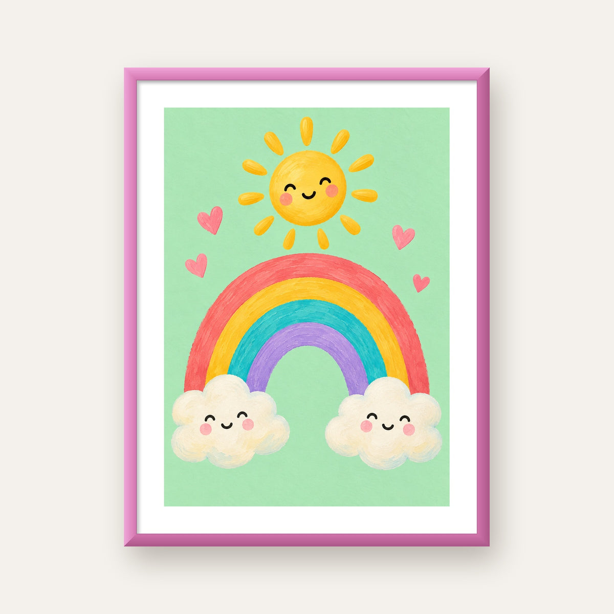 Sevimli Gökkuşağı ve Güneş Poster – Pastel Çocuk Odası Tablosu — pembe çerçeveli paspartulu