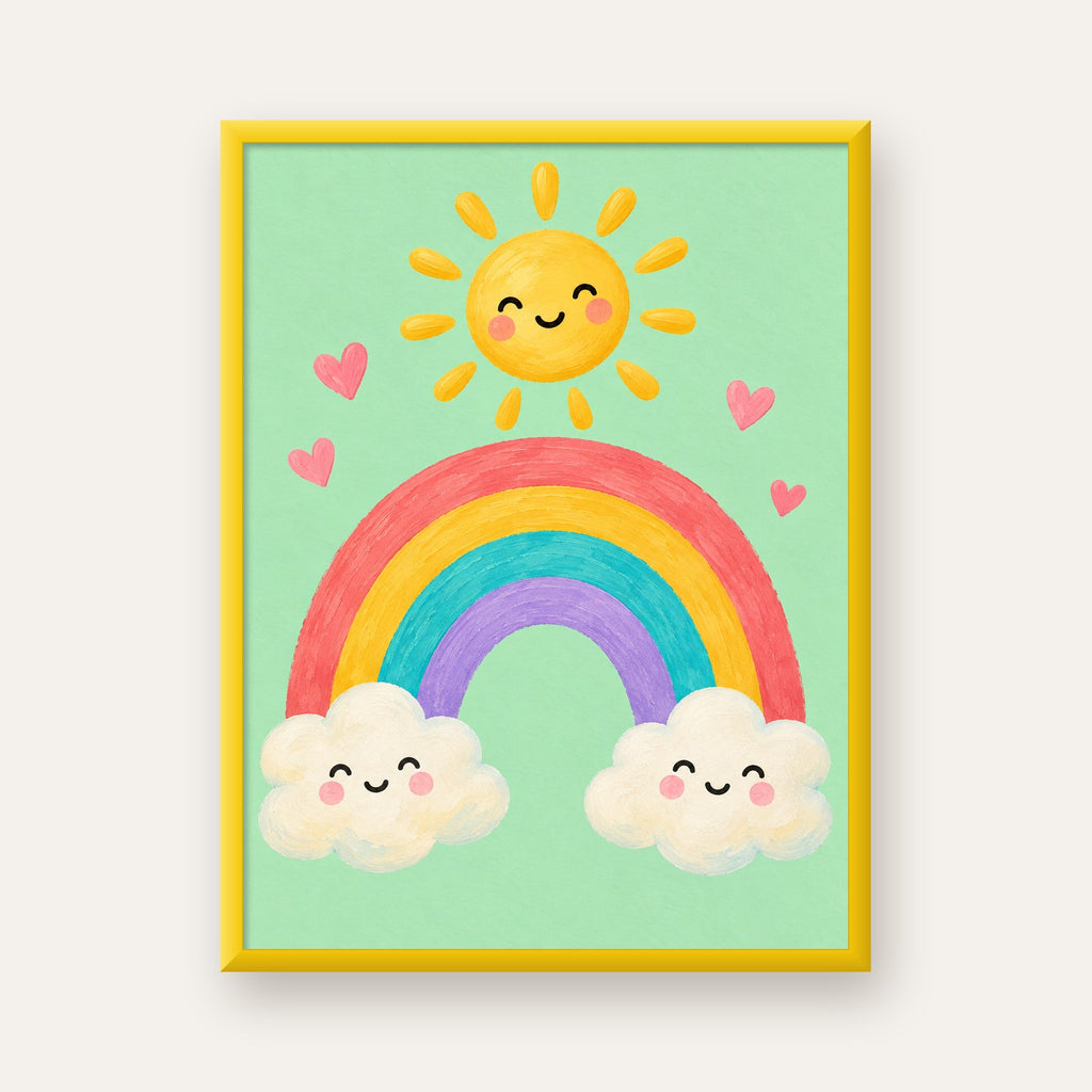 Sevimli Gökkuşağı ve Güneş Poster – Pastel Çocuk Odası Tablosu — sarı çerçeveli