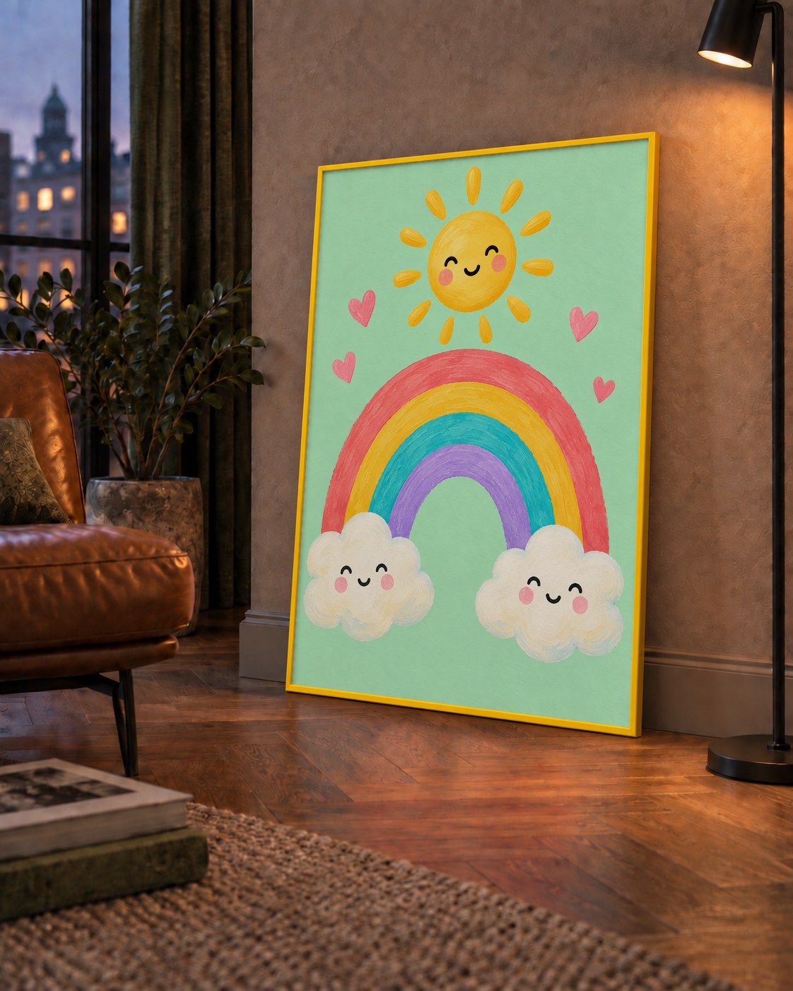 Sevimli Gökkuşağı ve Güneş Poster – Pastel Çocuk Odası Tablosu — çerçeveli hâliyle bir ev duvarında