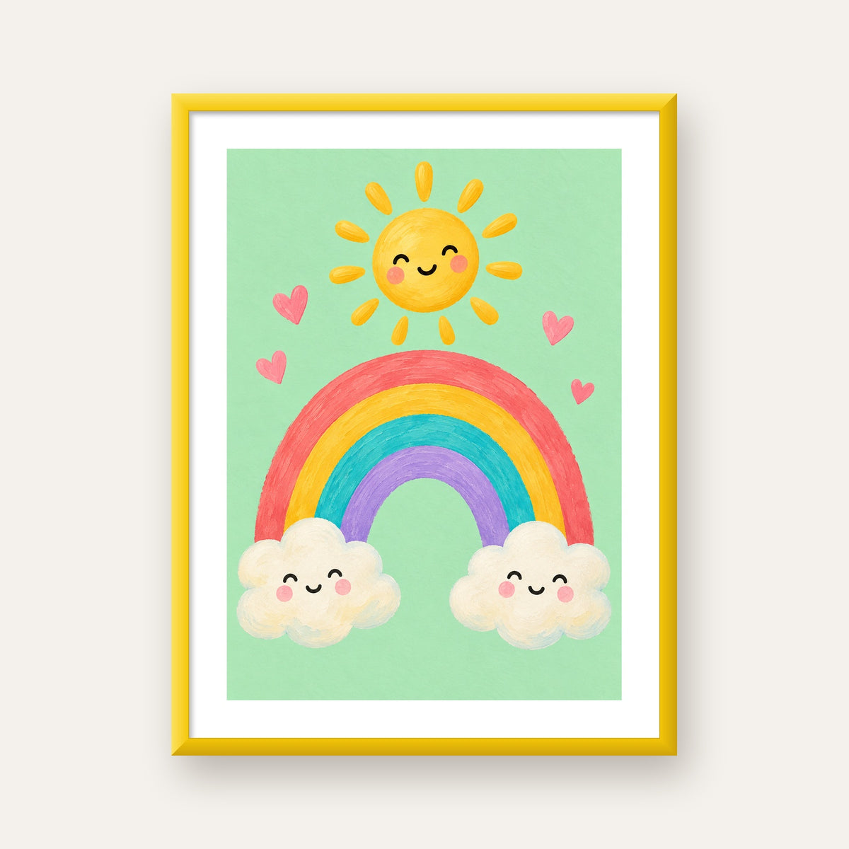 Sevimli Gökkuşağı ve Güneş Poster – Pastel Çocuk Odası Tablosu — sarı çerçeveli paspartulu