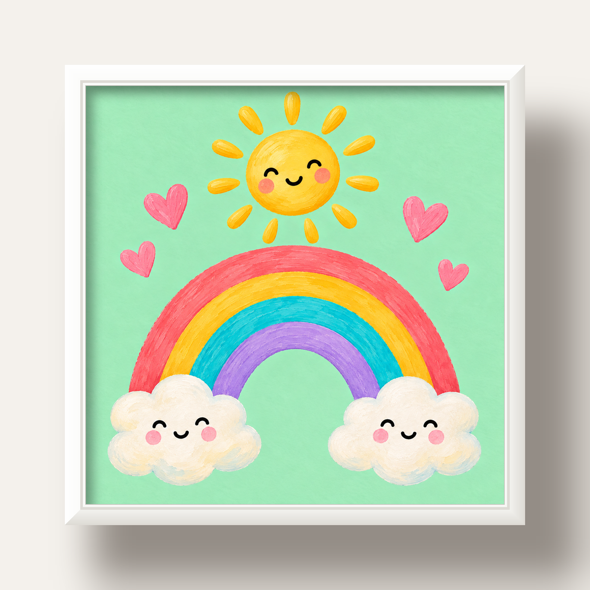 Sevimli Gökkuşağı ve Güneş Poster – Pastel Çocuk Odası Tablosu — beyaz derin çerçeveli