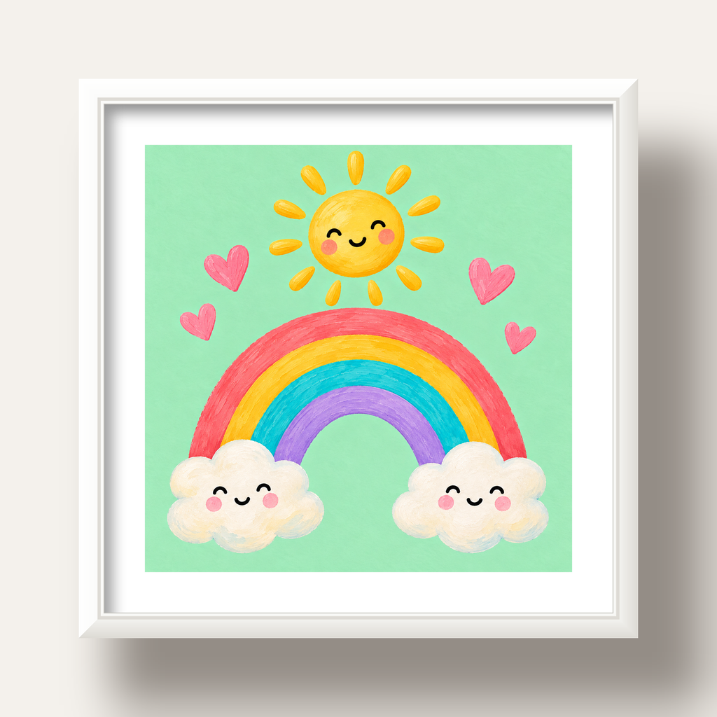 Sevimli Gökkuşağı ve Güneş Poster – Pastel Çocuk Odası Tablosu — beyaz derin çerçeveli paspartulu