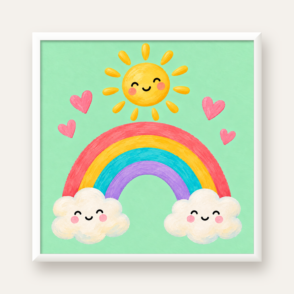 Sevimli Gökkuşağı ve Güneş Poster – Pastel Çocuk Odası Tablosu — beyaz çerçeveli kare poster