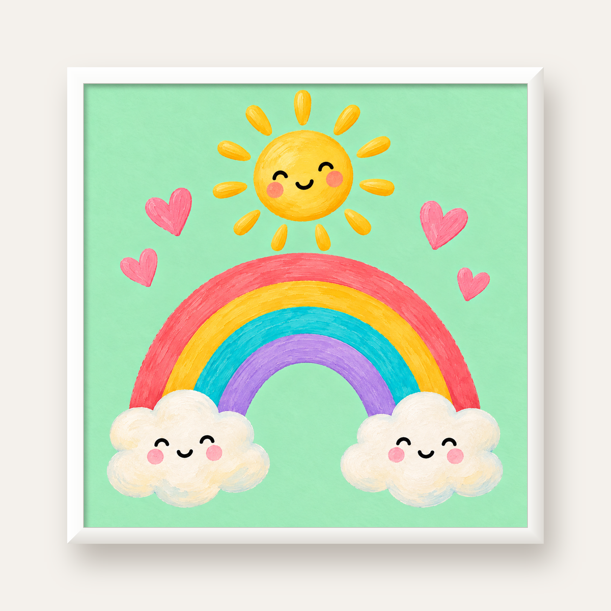 Sevimli Gökkuşağı ve Güneş Poster – Pastel Çocuk Odası Tablosu — beyaz çerçeveli kare poster