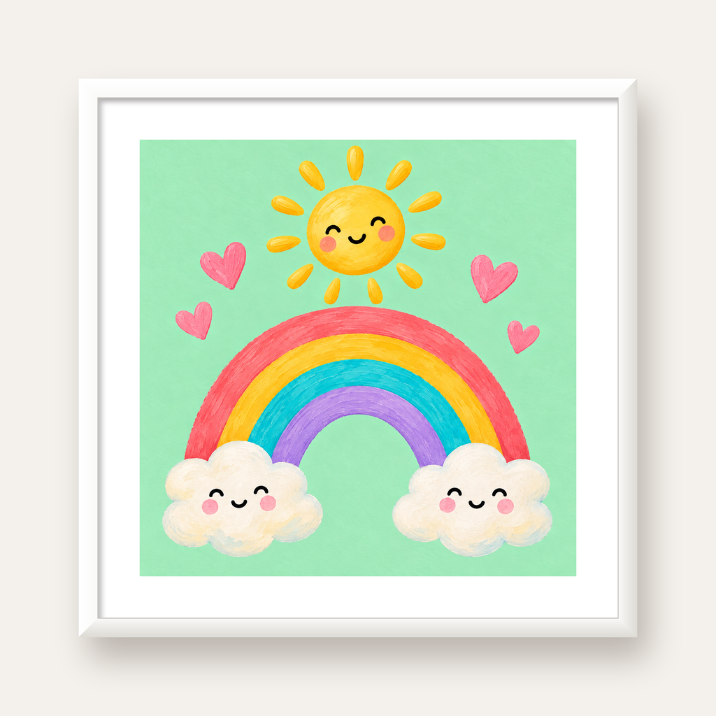 Sevimli Gökkuşağı ve Güneş Poster – Pastel Çocuk Odası Tablosu — beyaz çerçeveli kare poster