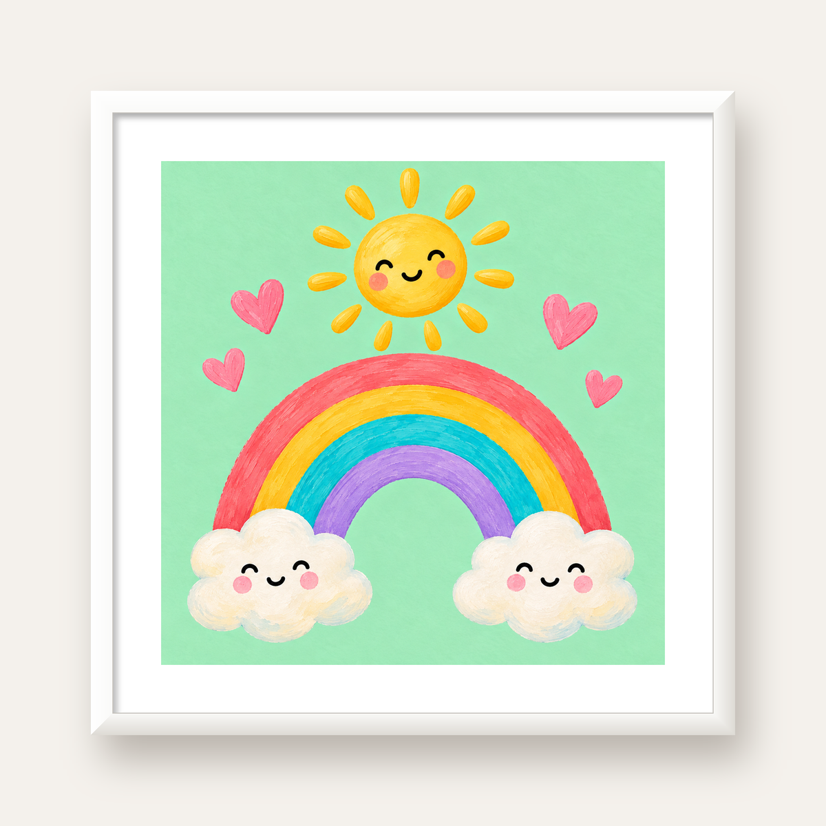 Sevimli Gökkuşağı ve Güneş Poster – Pastel Çocuk Odası Tablosu — beyaz çerçeveli kare poster