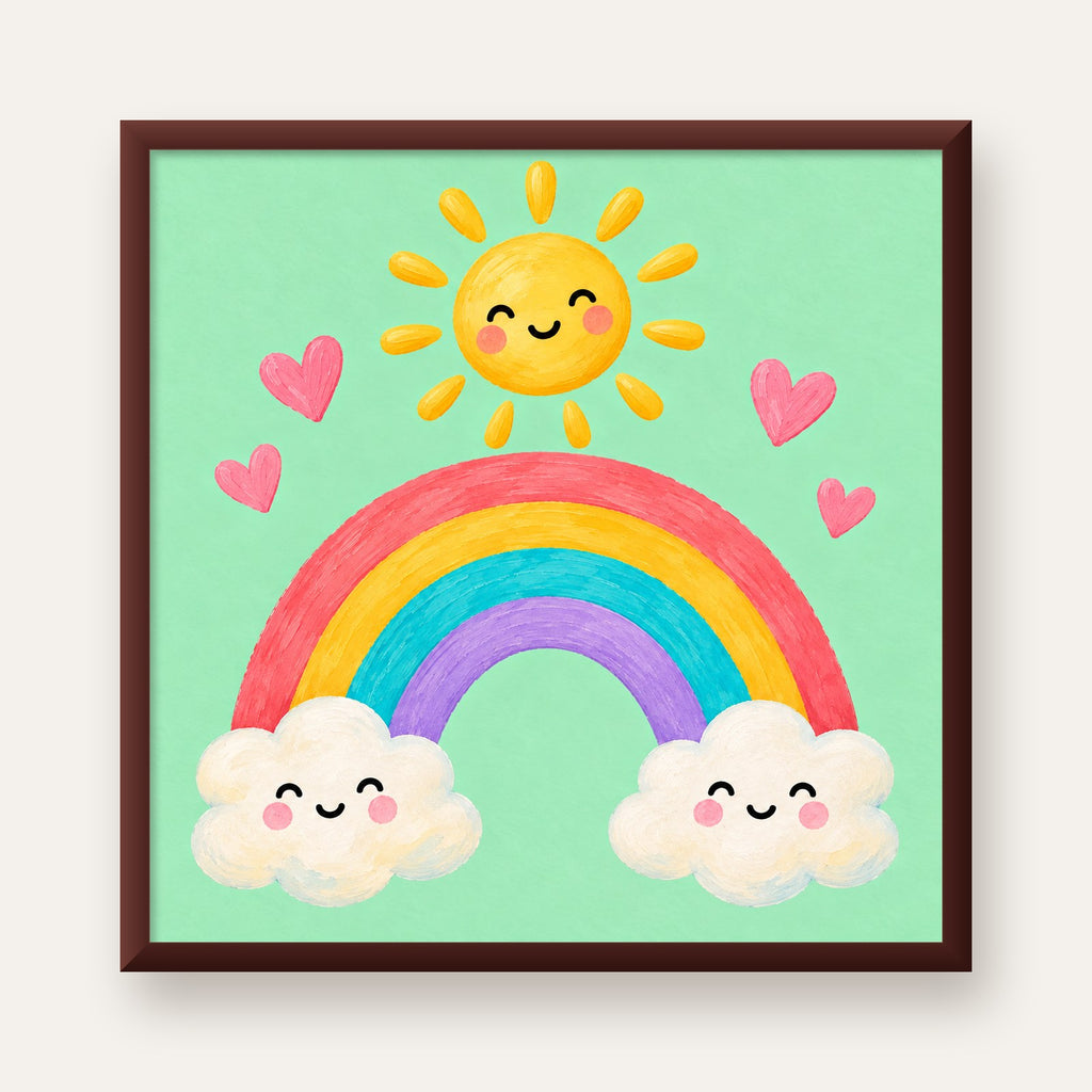Sevimli Gökkuşağı ve Güneş Poster – Pastel Çocuk Odası Tablosu — ceviz çerçeveli