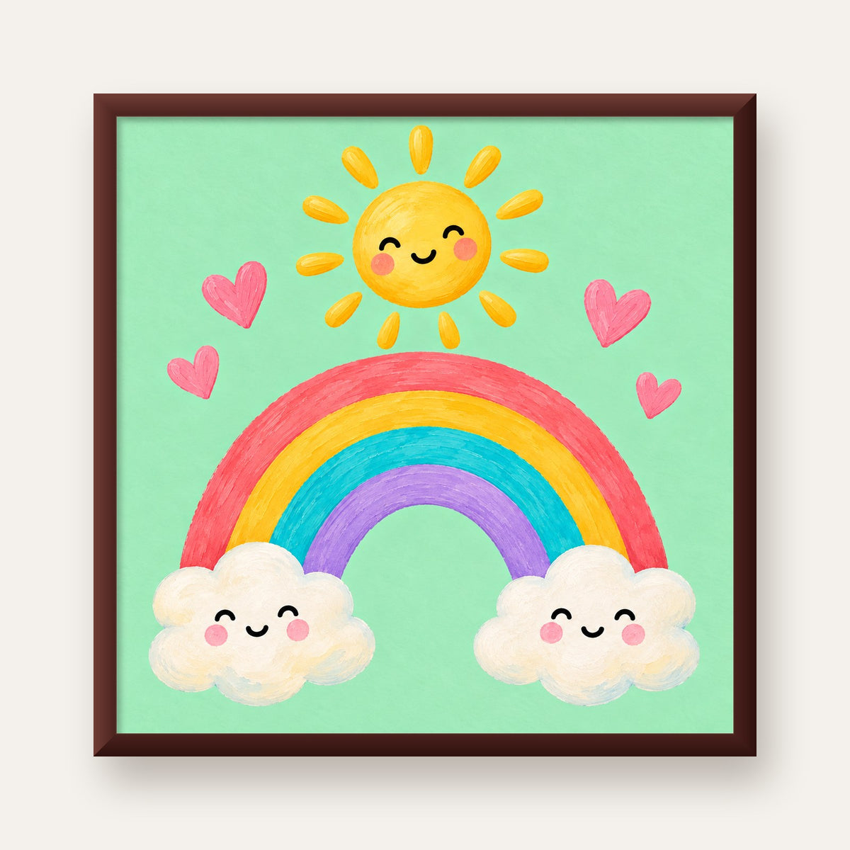 Sevimli Gökkuşağı ve Güneş Poster – Pastel Çocuk Odası Tablosu — ceviz çerçeveli