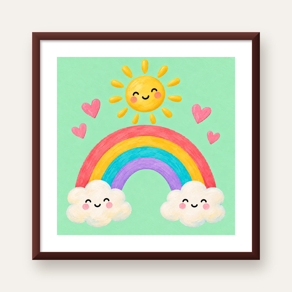 Sevimli Gökkuşağı ve Güneş Poster – Pastel Çocuk Odası Tablosu — ceviz çerçeveli paspartulu