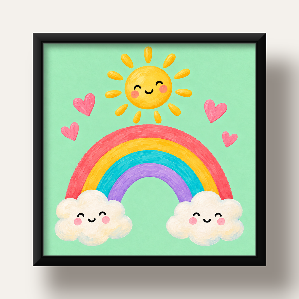 Sevimli Gökkuşağı ve Güneş Poster – Pastel Çocuk Odası Tablosu — siyah derin çerçeveli