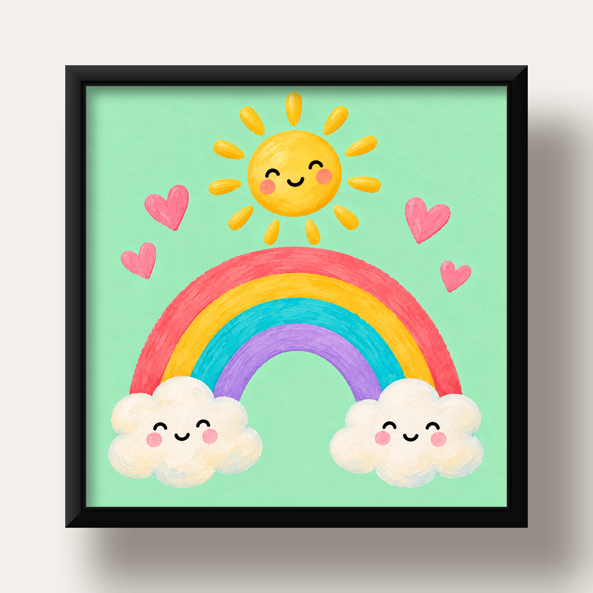 Sevimli Gökkuşağı ve Güneş Poster – Pastel Çocuk Odası Tablosu — siyah derin çerçeveli