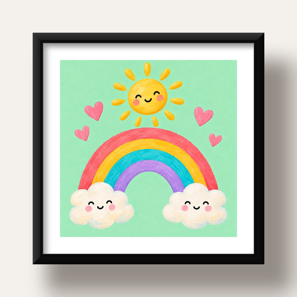 Sevimli Gökkuşağı ve Güneş Poster – Pastel Çocuk Odası Tablosu — siyah derin çerçeveli paspartulu
