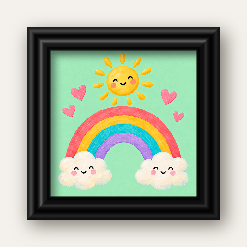 Sevimli Gökkuşağı ve Güneş Poster – Pastel Çocuk Odası Tablosu — siyah galeri çerçeveli