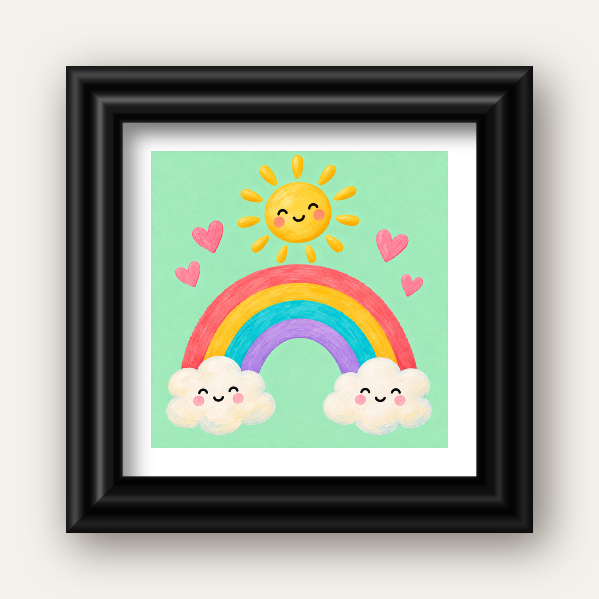 Sevimli Gökkuşağı ve Güneş Poster – Pastel Çocuk Odası Tablosu — siyah galeri çerçeveli paspartulu