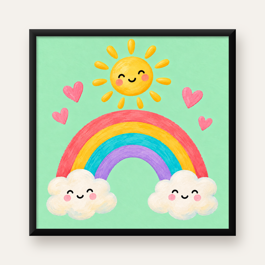 Sevimli Gökkuşağı ve Güneş Poster – Pastel Çocuk Odası Tablosu — Kare baskı, düz siyah çerçeveli duvar posteri