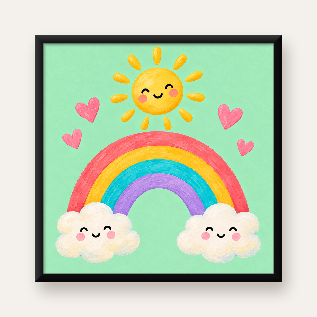 Sevimli Gökkuşağı ve Güneş Poster – Pastel Çocuk Odası Tablosu — Kare baskı, düz siyah çerçeveli duvar posteri