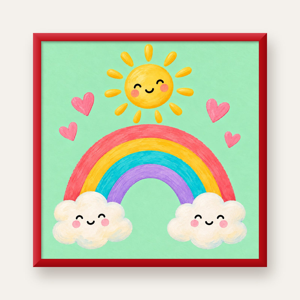 Sevimli Gökkuşağı ve Güneş Poster – Pastel Çocuk Odası Tablosu — kırmızı çerçeveli