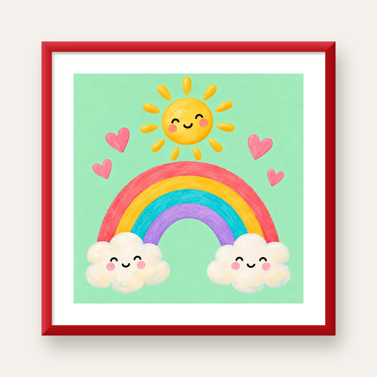 Sevimli Gökkuşağı ve Güneş Poster – Pastel Çocuk Odası Tablosu — kırmızı çerçeveli paspartulu