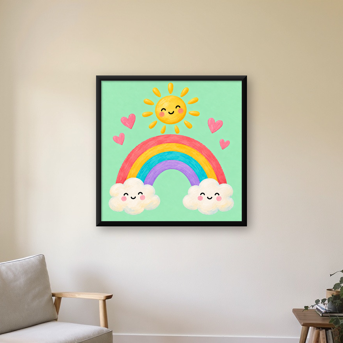 Sevimli Gökkuşağı ve Güneş Poster – Pastel Çocuk Odası Tablosu — Kare baskı, çerçeveli hâliyle bir ev duvarında