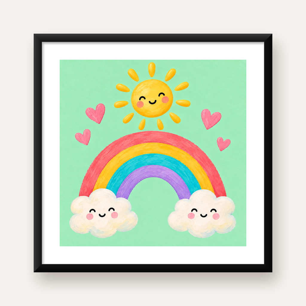 Sevimli Gökkuşağı ve Güneş Poster – Pastel Çocuk Odası Tablosu — Kare baskı, beyaz paspartulu
